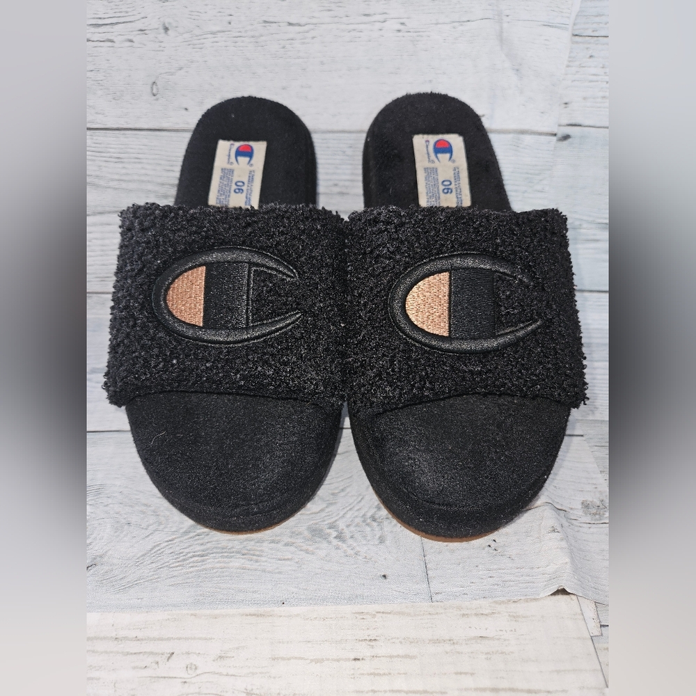 Champion Fuzzy Black Slides, Size 6